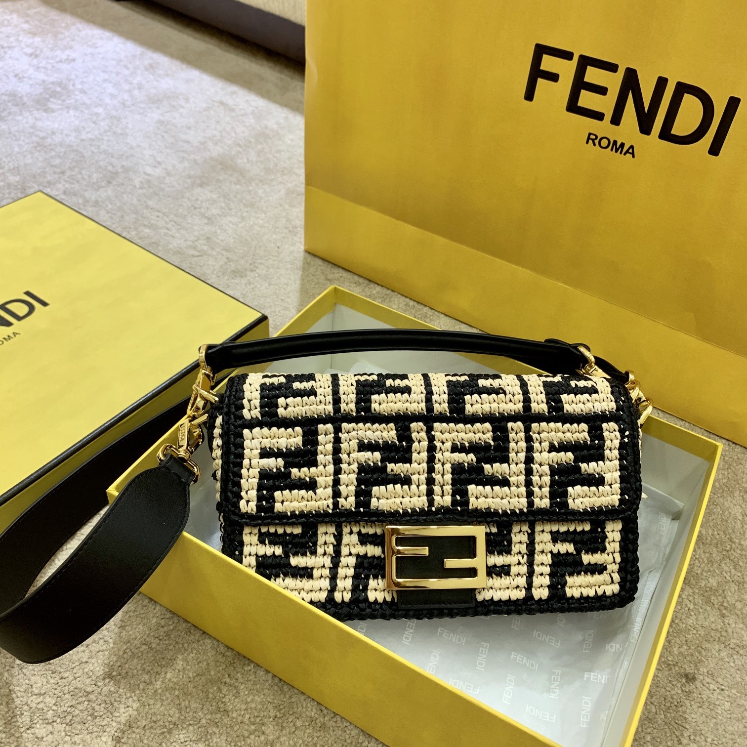 Fendi Baguette Raffia Fabric Black For Women, Women’s Bags 10.6in/27cm FF 8BR600AKBYF1HOG
