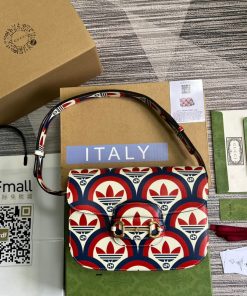 Gucci x Adidas Horsebit 1955 Shoulder Bag Blue/Red For Women, Women’s Bags 9.8in/25cm Gucci 602204 UVG0G 4168