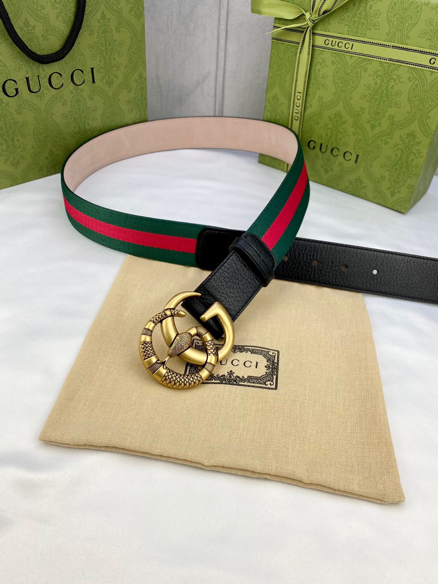 Gucci Web Belt With Double G Snake Buckle Green/Red Web Fabric And Black For Women, Women Belt