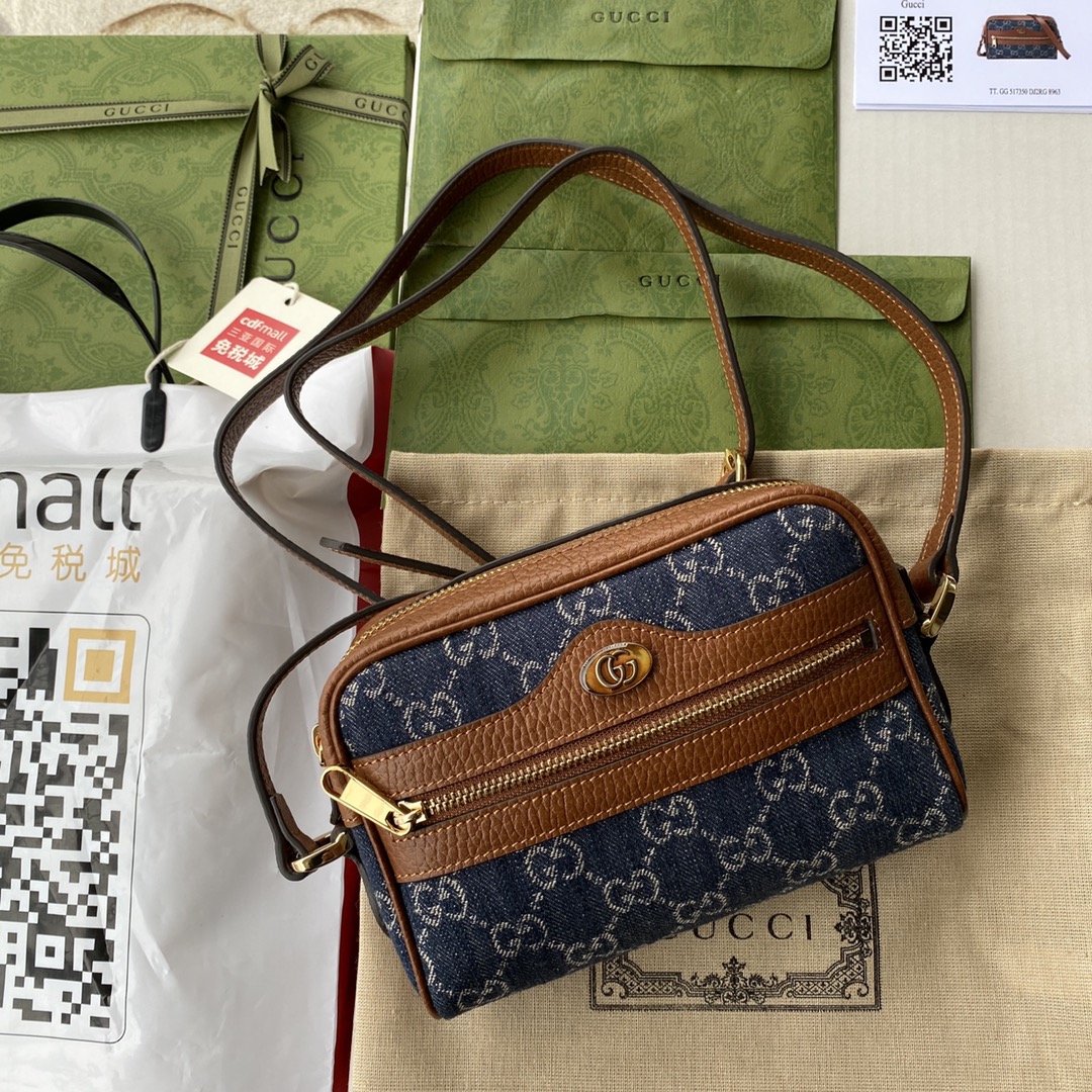 Gucci Ophidia Gucci Mini Bag Dark Blue And Ivory Eco Washed Organic Gucci Jacquard Denim For Women 7in/17.5cm Gucci 517350 2KQGucci 8375