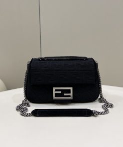 Fendi Baguette Chain Midi Black FF Fabric Bag For Woman 14.5cm/6in