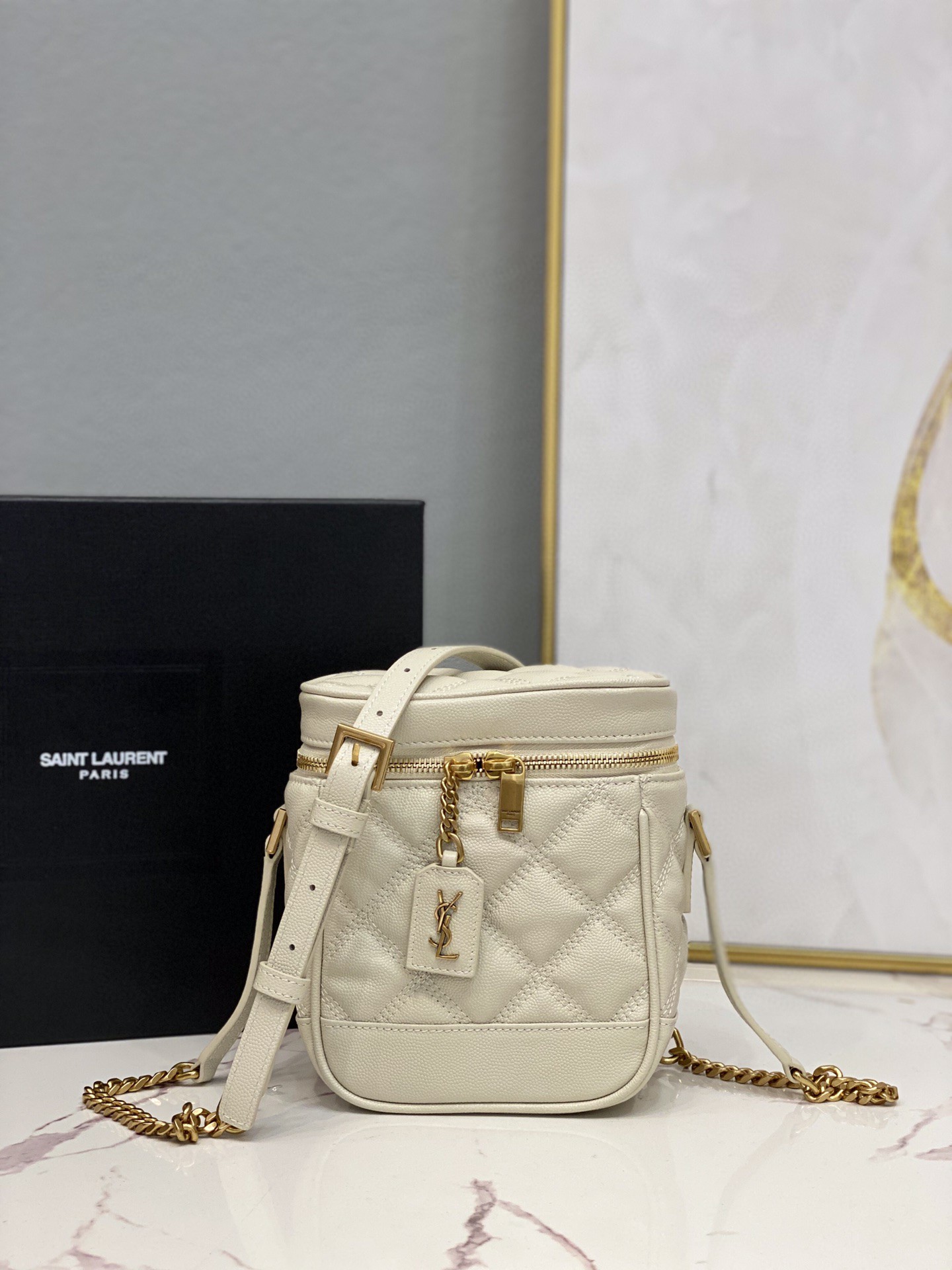 Yves Saint Laurent 80’s Vanity Bag In Carré-Quilted Grain De Poudre White For Women 6.4in/16.5cm YSL 649779DME279207