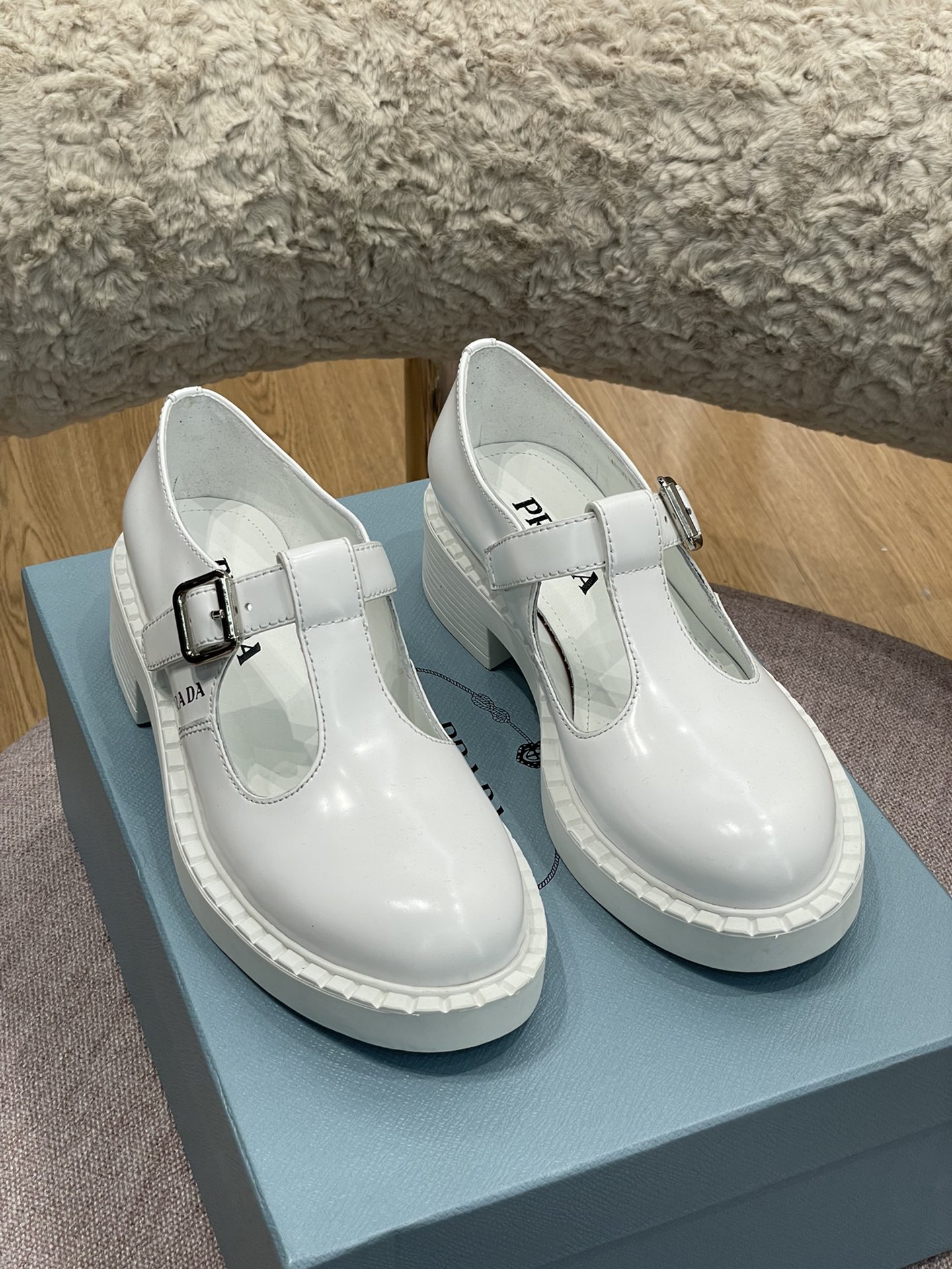 Prada Brushed Mary Jane T-strap Shoes White For Women 2in/50mm Prada 1E834M_055_F097W_F_B050