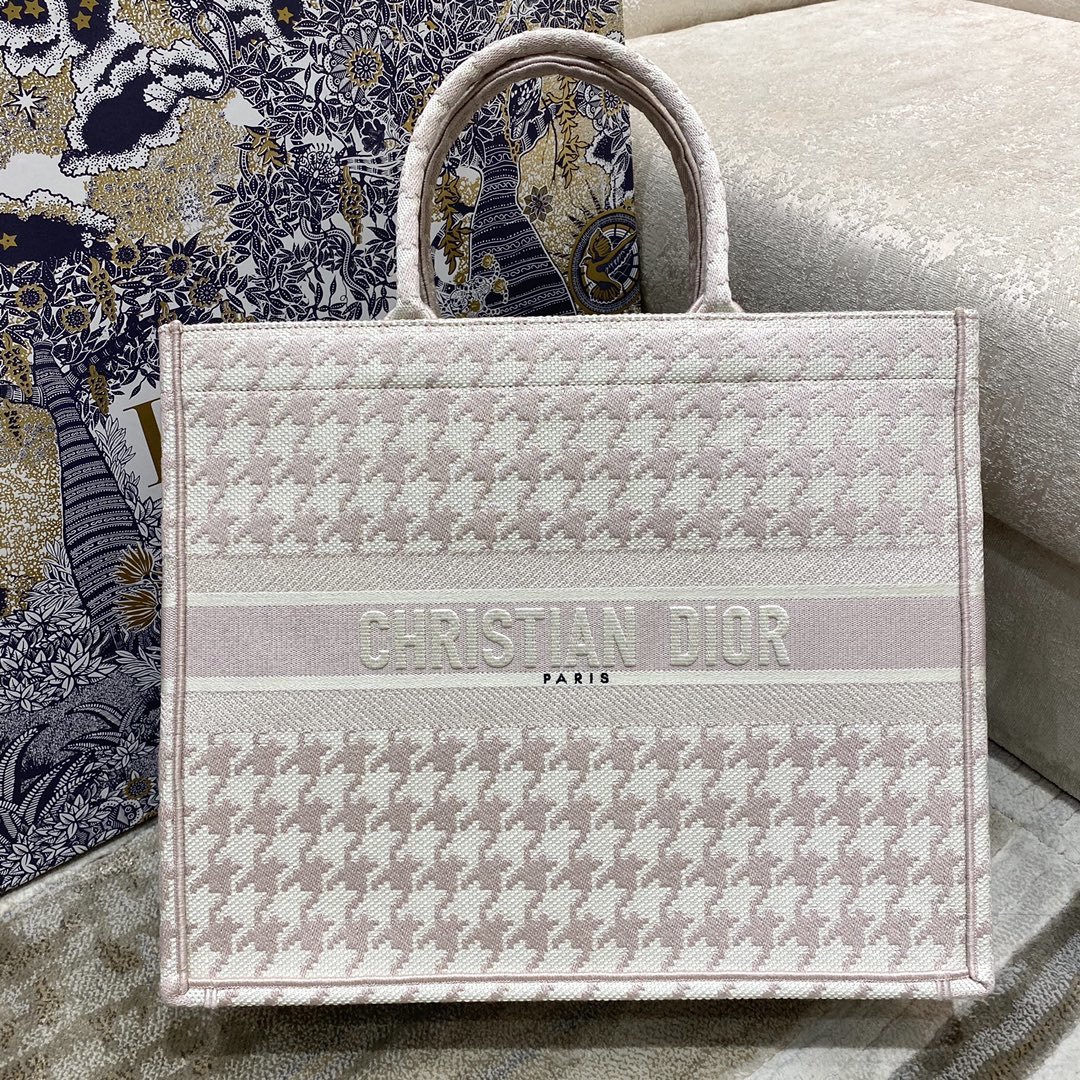 Christian Dior Large Dior Book Tote Pale Pink Houndstooth Embroidery, Pink, For Women Women’s Handbags, Shoulder Bags, 42cm CD