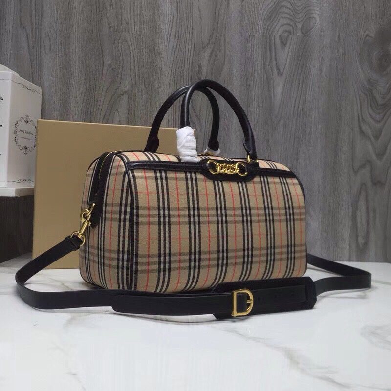 Burberry Small 1983 Check Link Bowling Bag Black/Brown For Women, Women’s Bags 9.1in/23cm