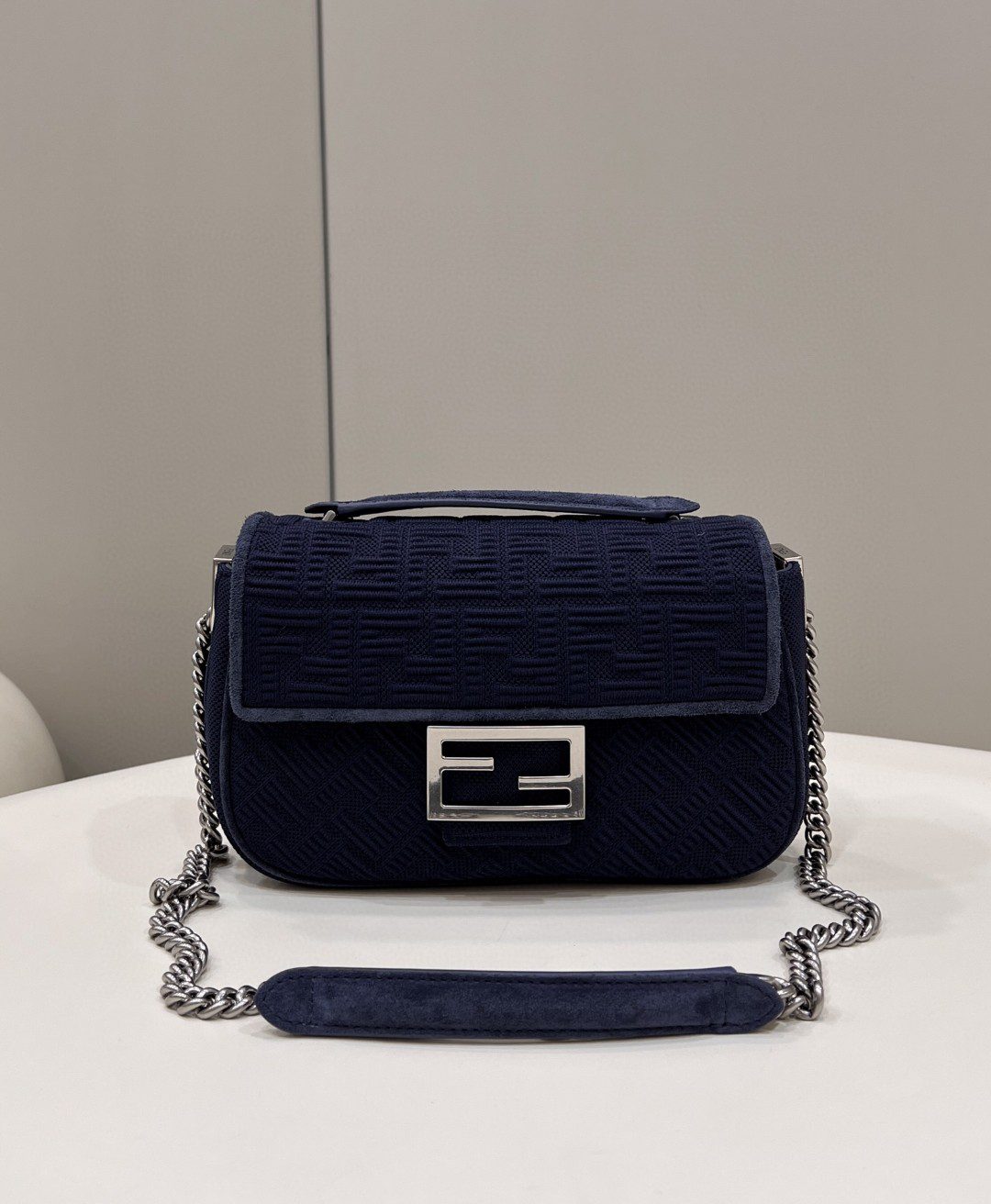 Fendi Baguette Chain Midi Navy Blue FF Fabric Bag For Woman 14.5cm/6in