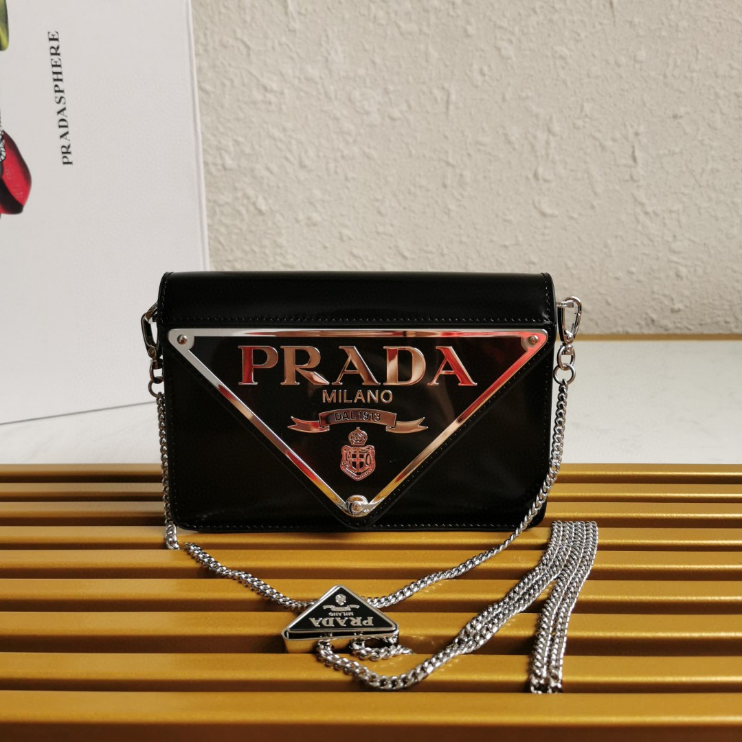 Prada Brushed Shoulder Bag Black For Women, Women’s Bags 6.7in/17cm