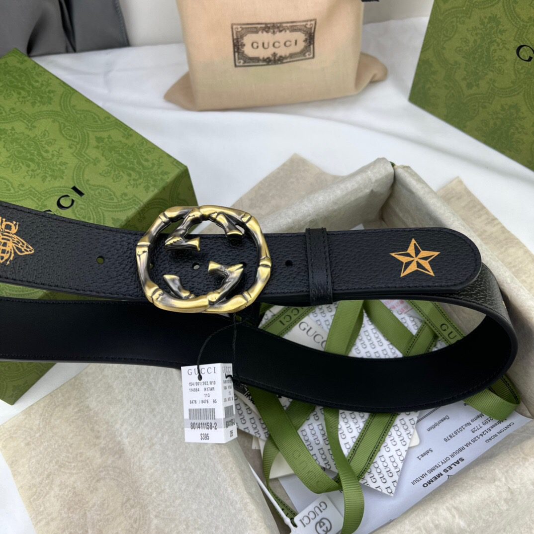 Gucci Belt With Bee And Star Pattern And Interlocking G Buckle Black For Women, Women Belt