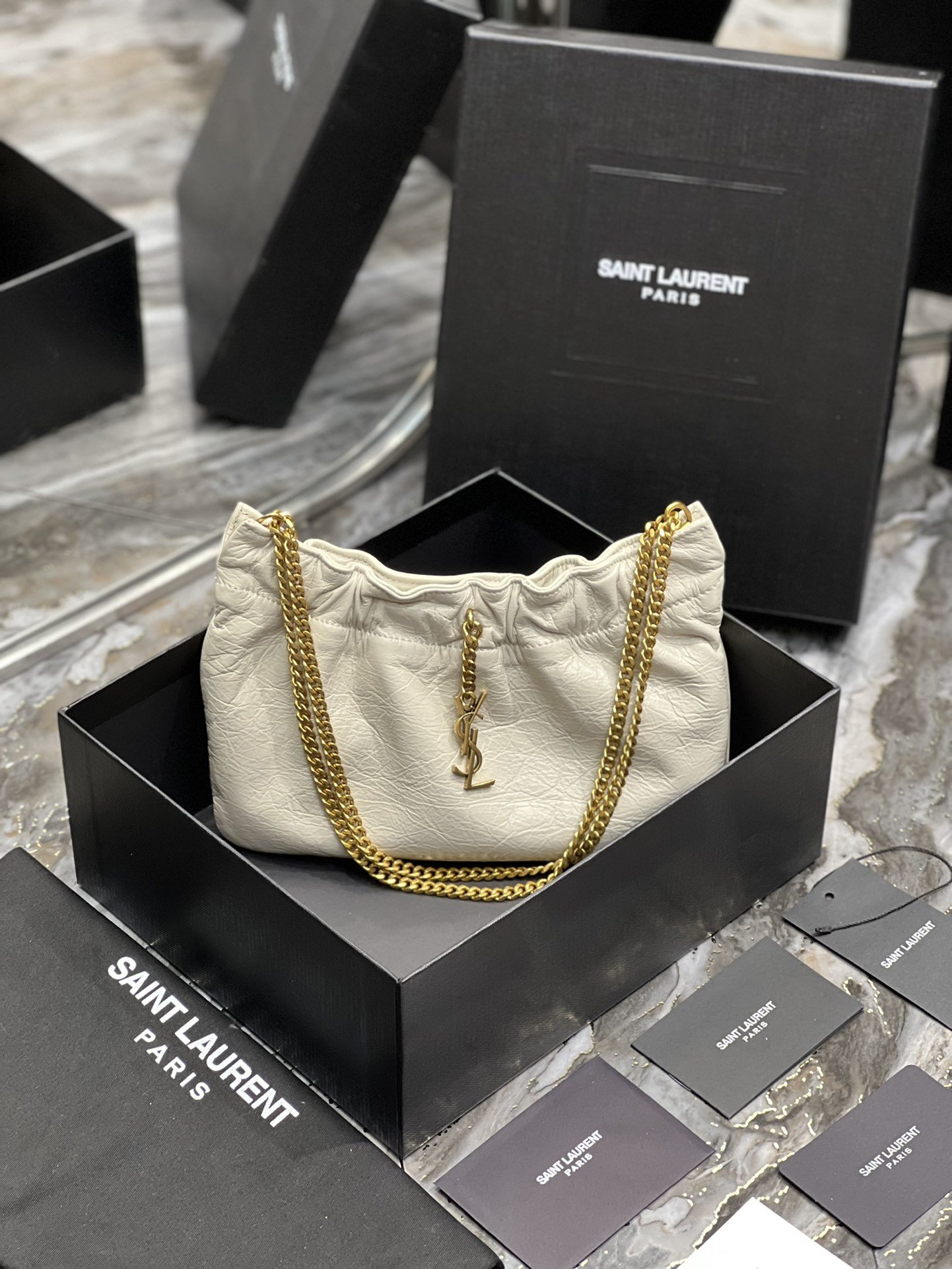 Yves Saint Laurent Hobo Mini Bag White With Bronze Toned Hardware For Women 9.4in/24cm YSl