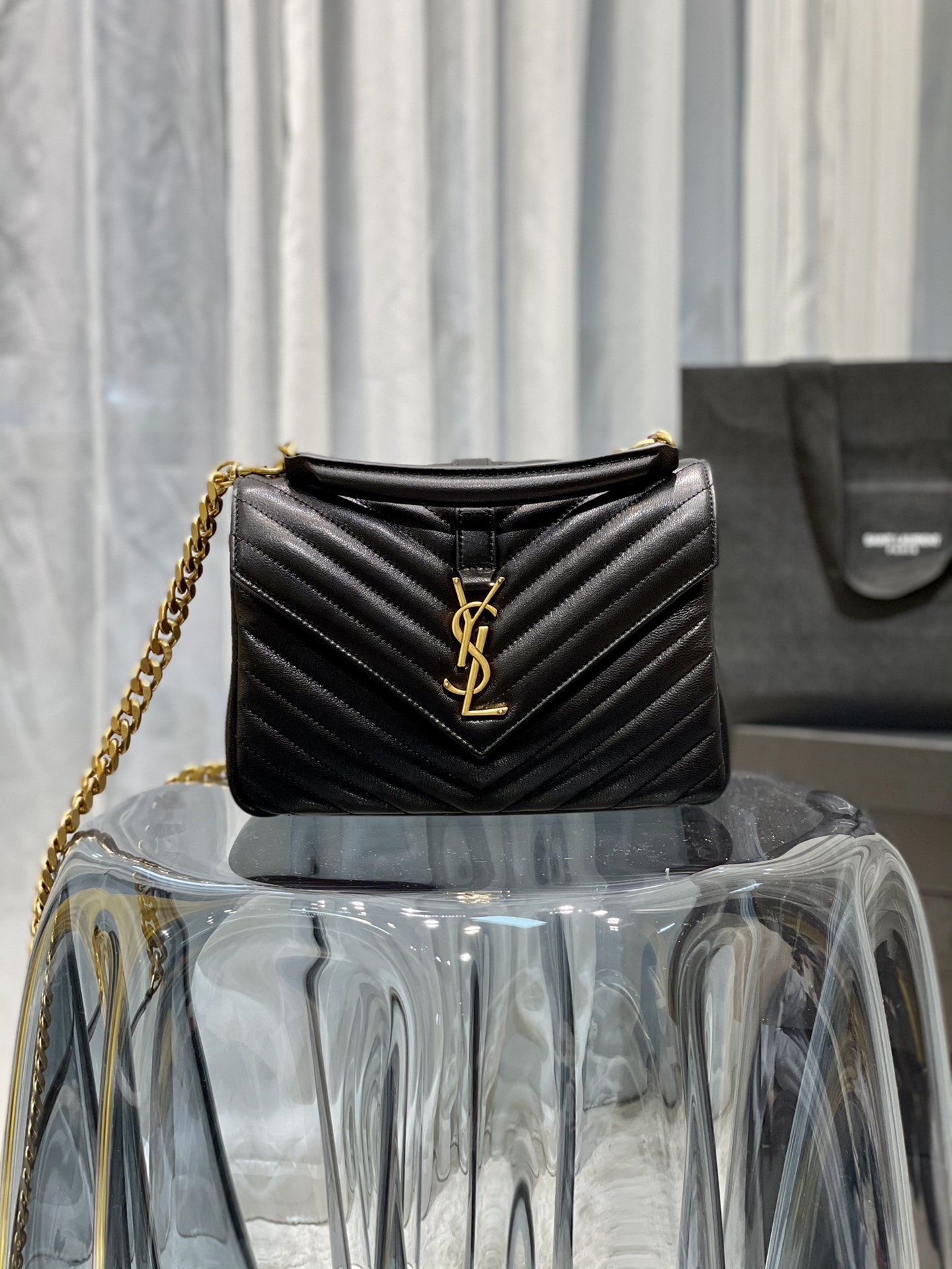Yves Saint Laurent College Medium Chain Bag Black Gold Toned Hardware For Women 9.4in/24cm YSL