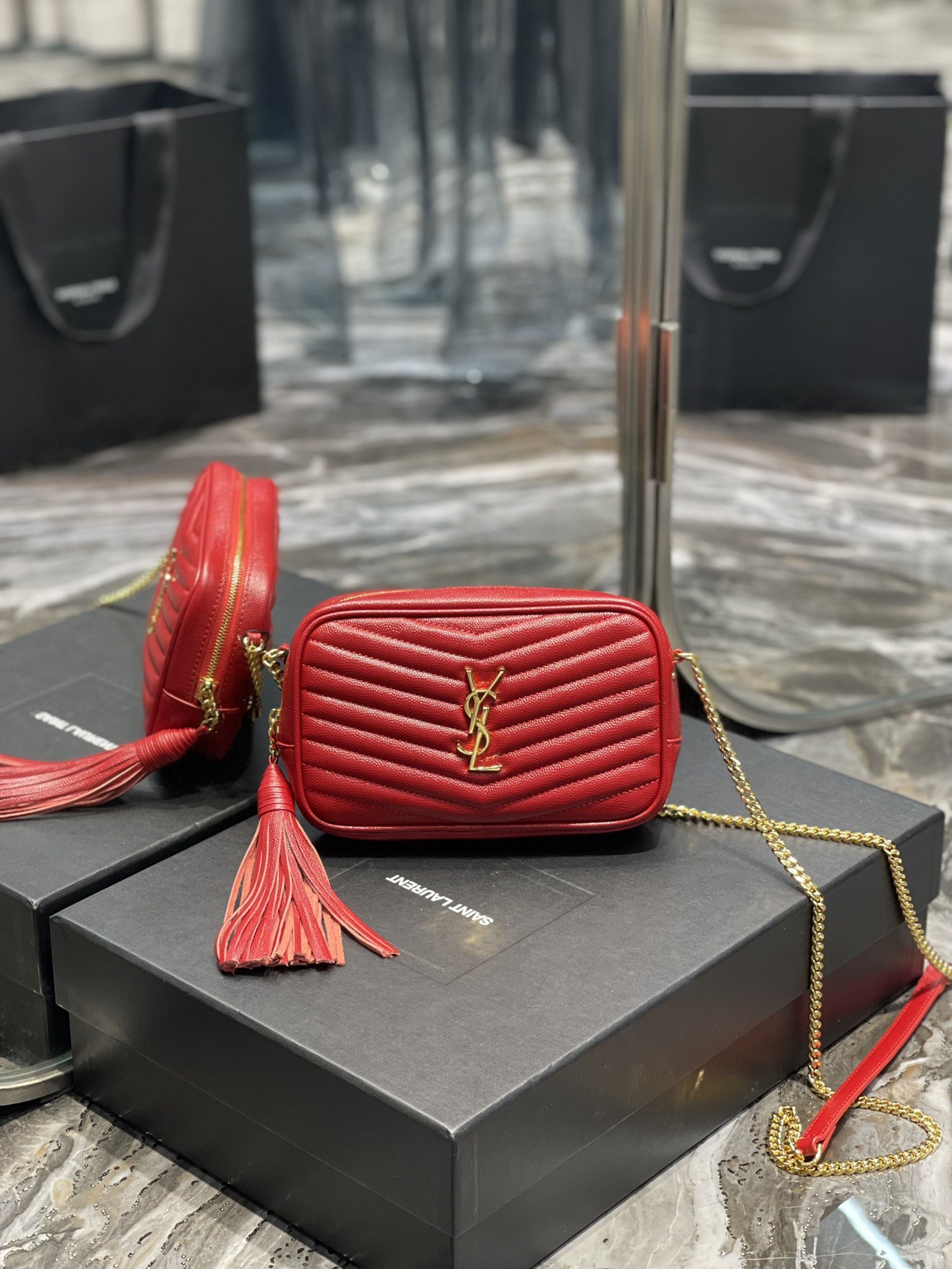 Yves Saint Laurent Lou Mini Bag Red In Quilted Grain De Poudre With Gold Hardware For Women 7.4in/19cm YSl 6125791GF076008