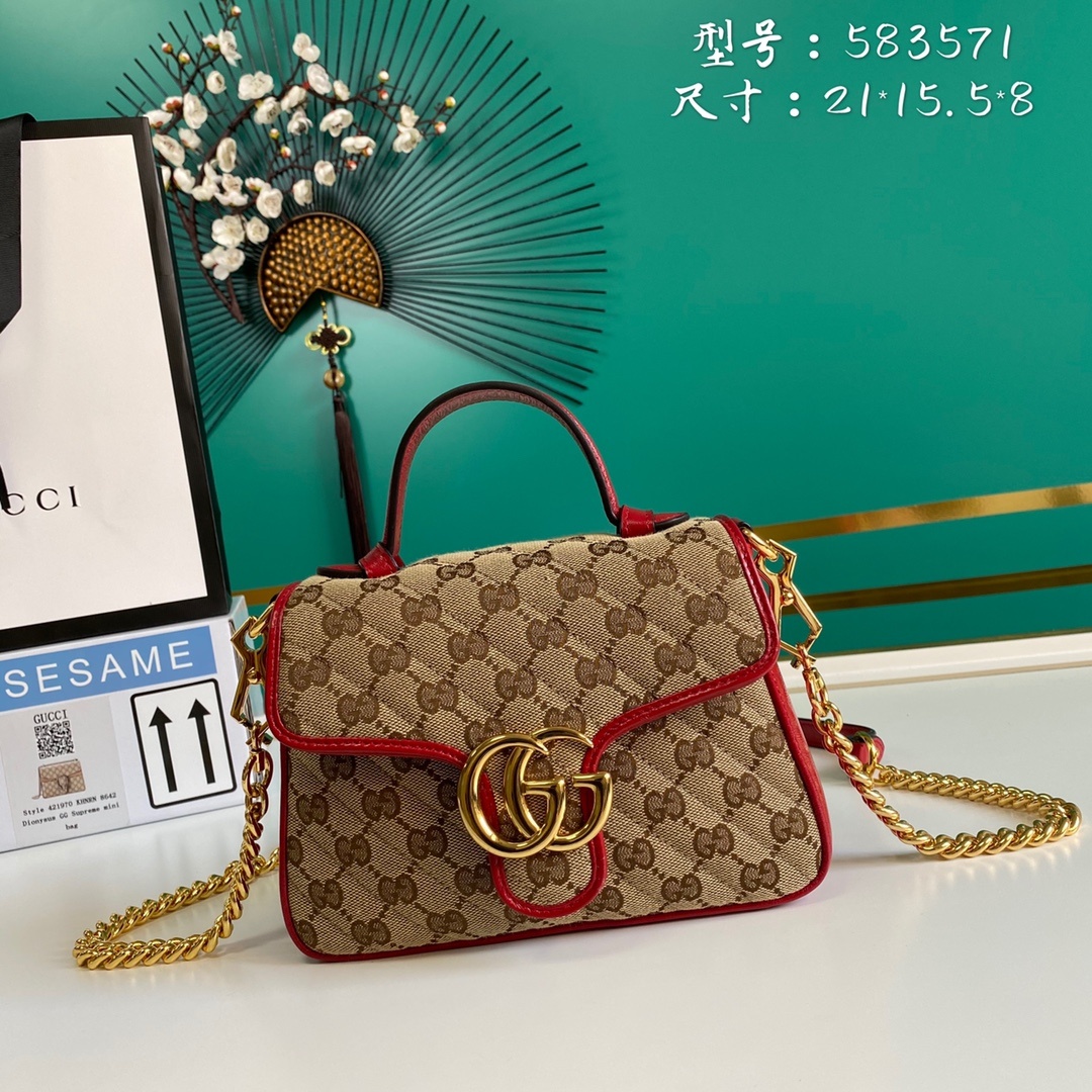 Gucci Ladies Gucci Canvas Marmont Mini Top Handle Bag Beige And Red Gucci Canvas For Women 8.3in/21cm Gucci 583571 HVKEG 8561