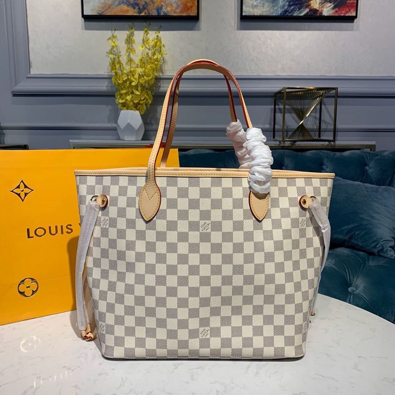 Louis Vuitton Neverfull MM Tote Bag Damier Azur Canvas Rose Ballerine Pink For Women, Women’s Bags, Shoulder Bags 12.2in/31cm LV N41605
