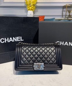 Chanel Boy Handbag Silver Hardware Black For Women, Women’s Bags, Shoulder And Crossbody Bags 9.8in/25cm A67086