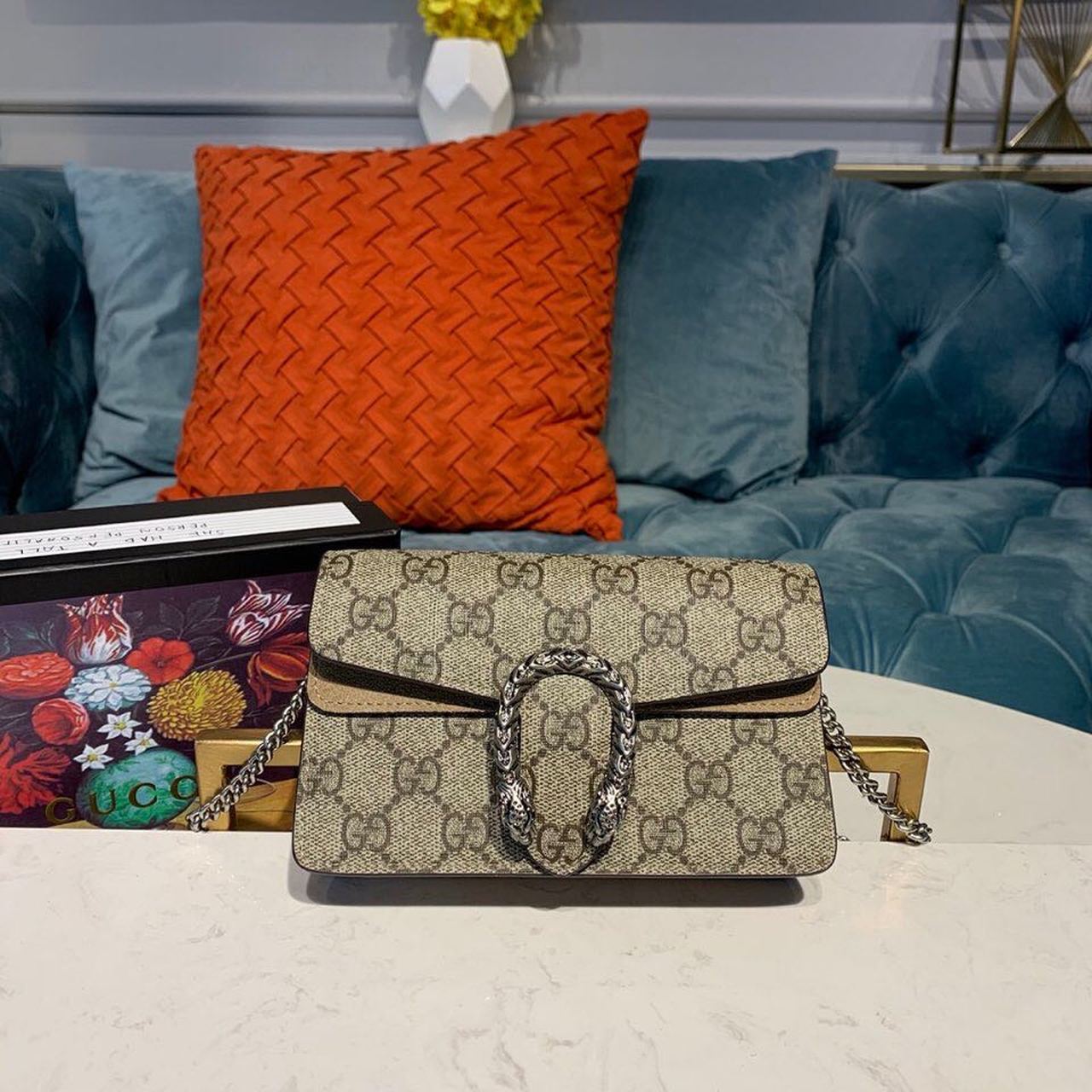 Gucci Dionysus Super Mini Bag Emerald Gucci Supreme Canvas Made Using An Earth-Conscious Process With Taupe Detail For Women 6.5in/16.5cm Gucci ‎476432 KHNRN 8642