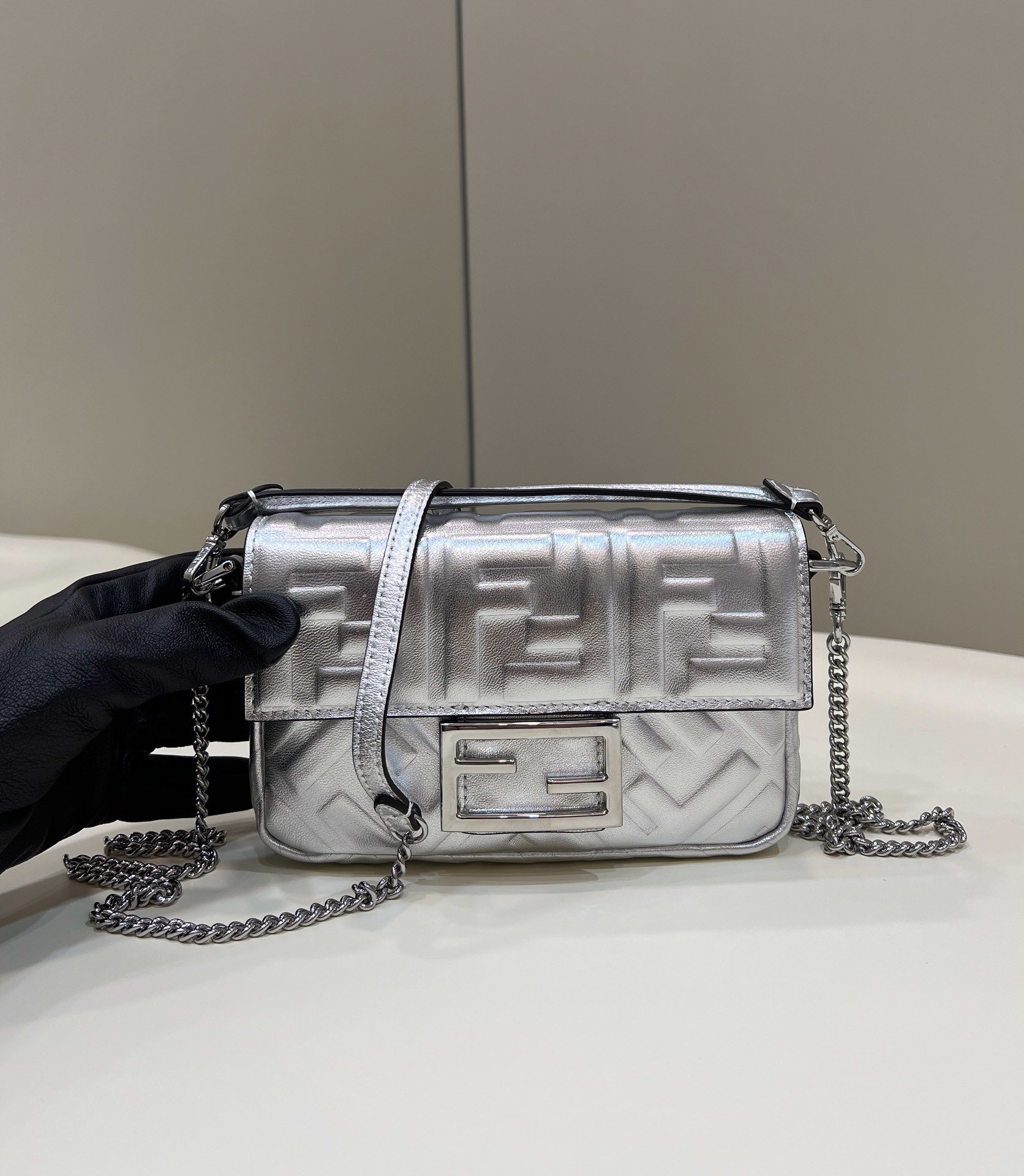 Fendi Baguette Silver For Women, Women’s Handbags, Shoulder And Crossbody Bags 7.5in/19cm FF 8BS017