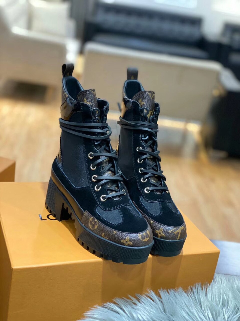 Louis Vuitton Laureate Desert Boot Patent Monogram Material Black For Women LV 1A4XY1