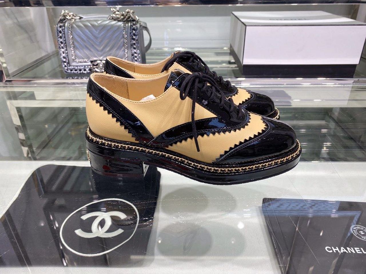 Chanel Chain Embroidered Creepers Calfskin Leather Fall/Winter 2019 Collection, Tan/Black
