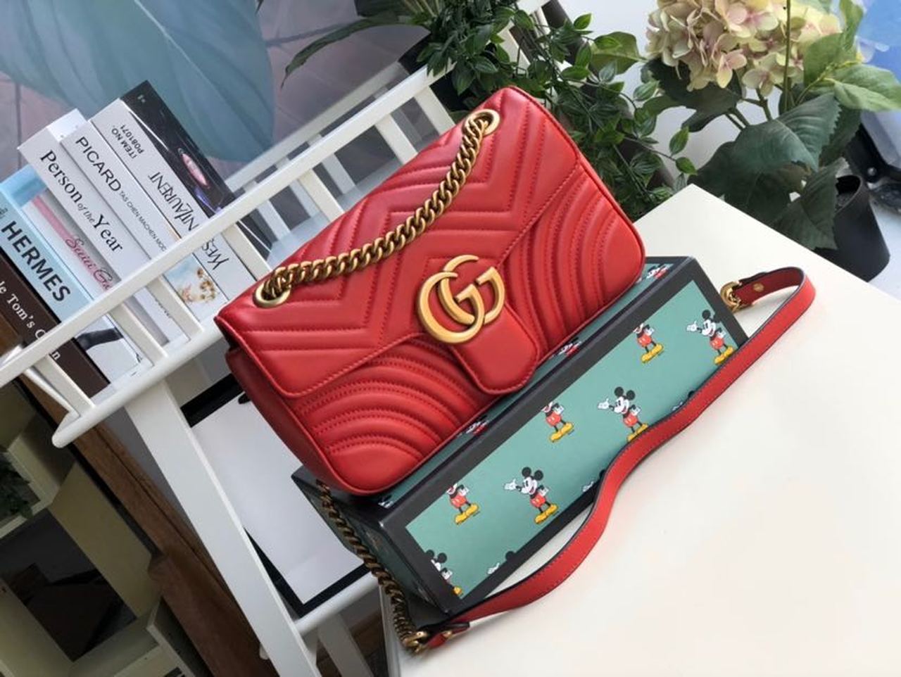 Gucci Marmont Small Matelassé Shoulder Bag Hibiscus Red Matelassé Chevron For Women 10in/26cm Gucci 443497 DTDIT 6433