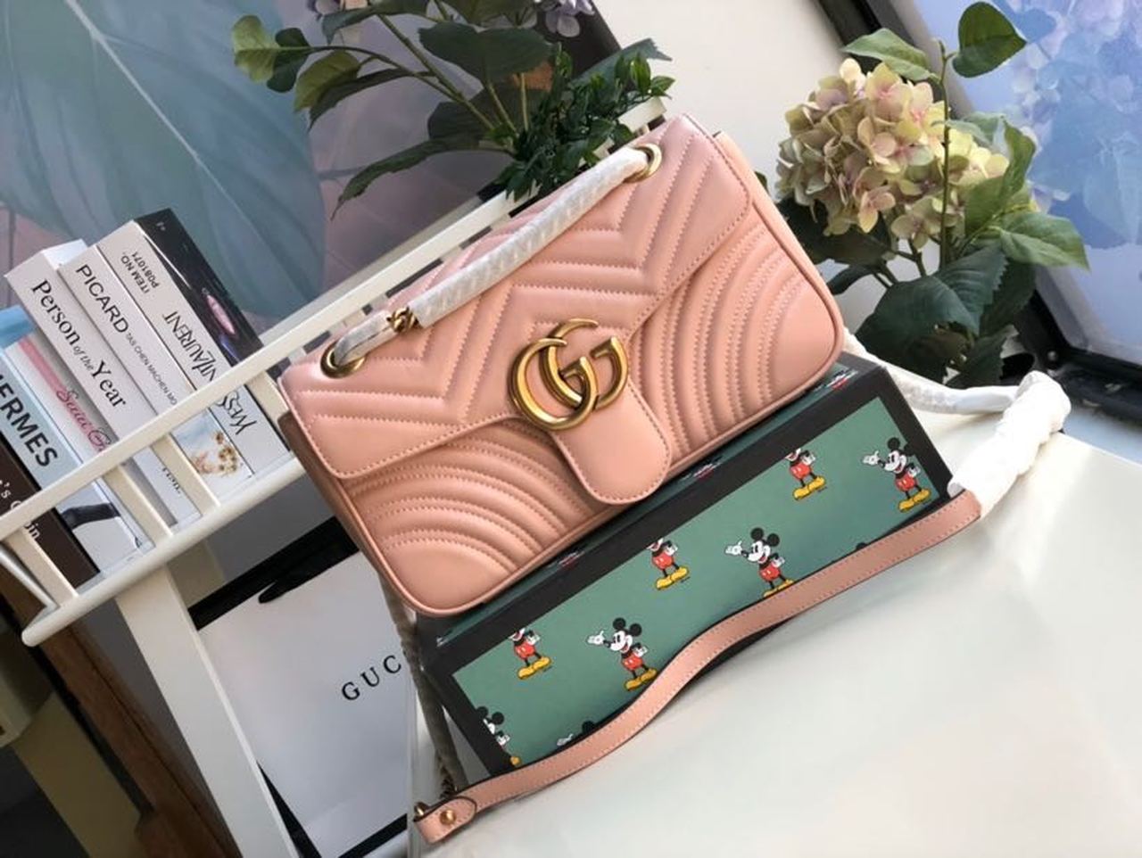 Gucci Marmont Small Matelassé Shoulder Bag Dusty Pink Matelassé Chevron For Women 10in/26cm Gucci 443497 DTDIT 5729