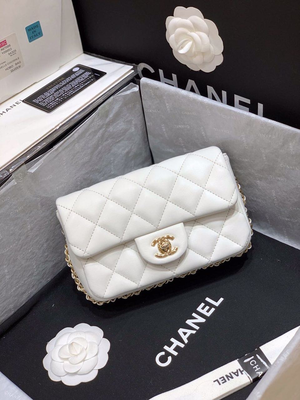 Chanel Small Pearl Logo Strap Flap Bag White For Women, Women’s Handbags, Shoulder And Crossbody Bags 7in/18cm AS1436