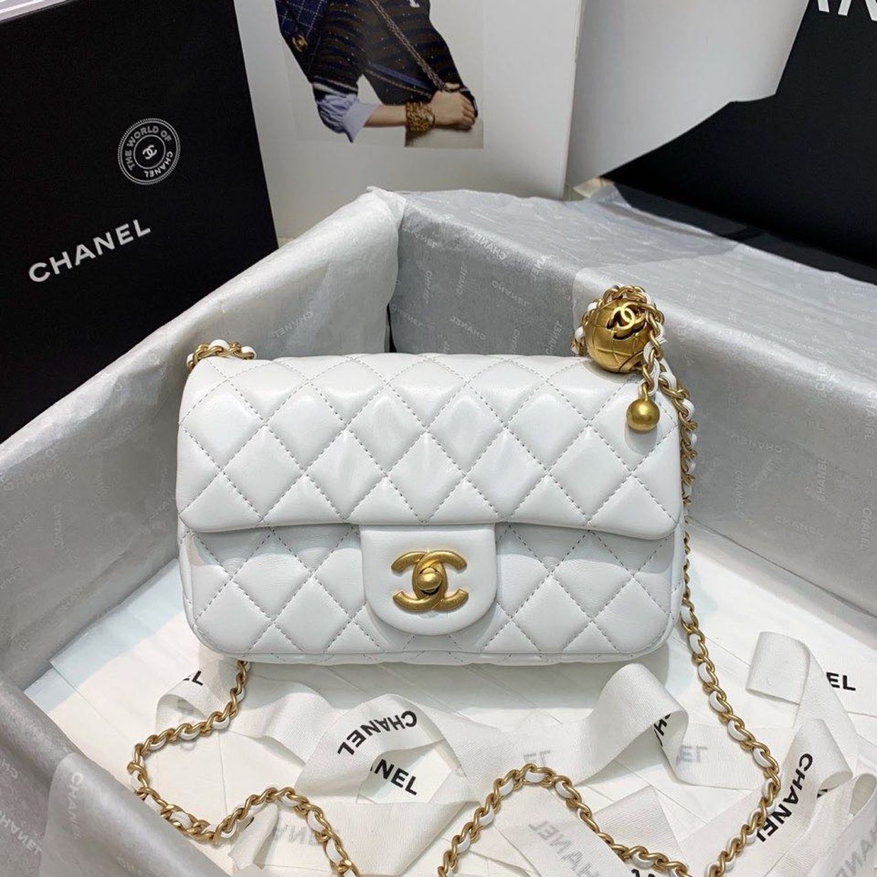 Chanel Flap Bag With Chanel Ball On Strap White For Women, Women’s Handbags, Shoulder And Crossbody Bags 7.8in/20cm AS1787