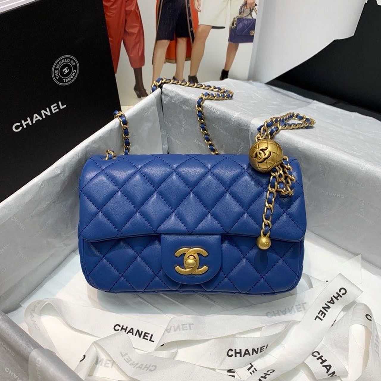 Chanel Flap Bag With Chanel Ball On Strap Blue For Women, Women’s Handbags, Shoulder And Crossbody Bags 7.8in/20cm AS1787