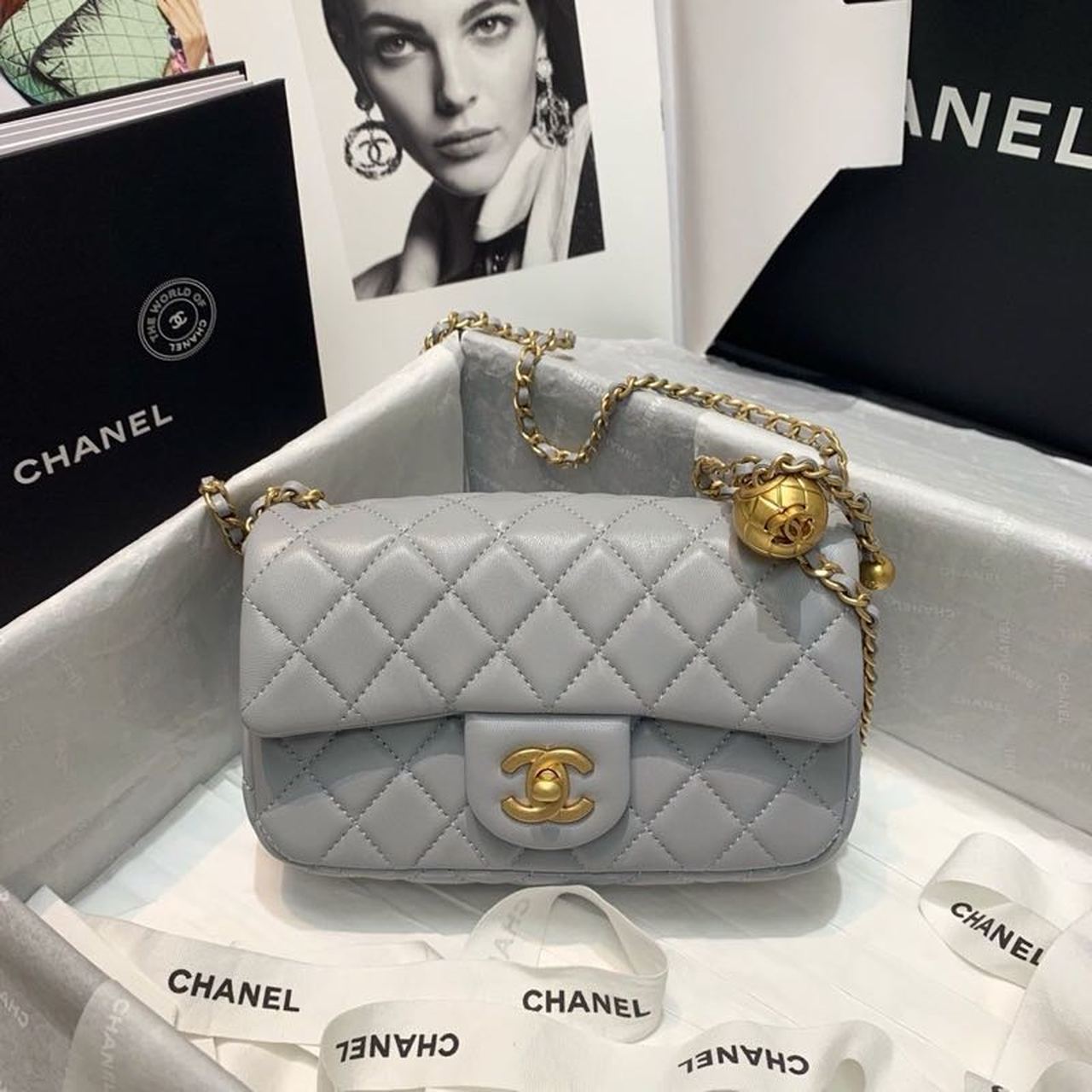 Chanel Flap Bag With Chanel Ball On Strap Grey For Women, Women’s Handbags, Shoulder And Crossbody Bags 7.8in/20cm AS1787