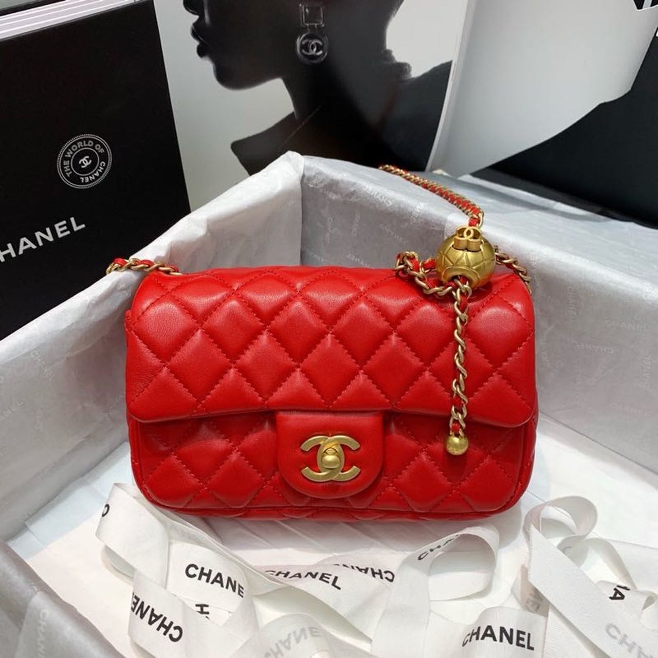 Chanel Flap Bag With Chanel Ball On Strap Red For Women, Women’s Handbags, Shoulder And Crossbody Bags 7.8in/20cm AS1787
