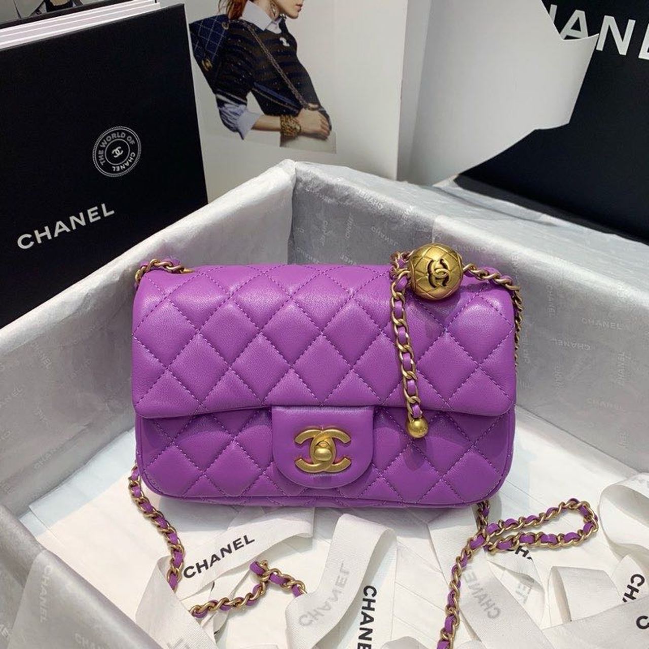 Chanel Flap Bag With Chanel Ball On Strap Purple For Women, Women’s Handbags, Shoulder And Crossbody Bags 7.8in/20cm AS1787