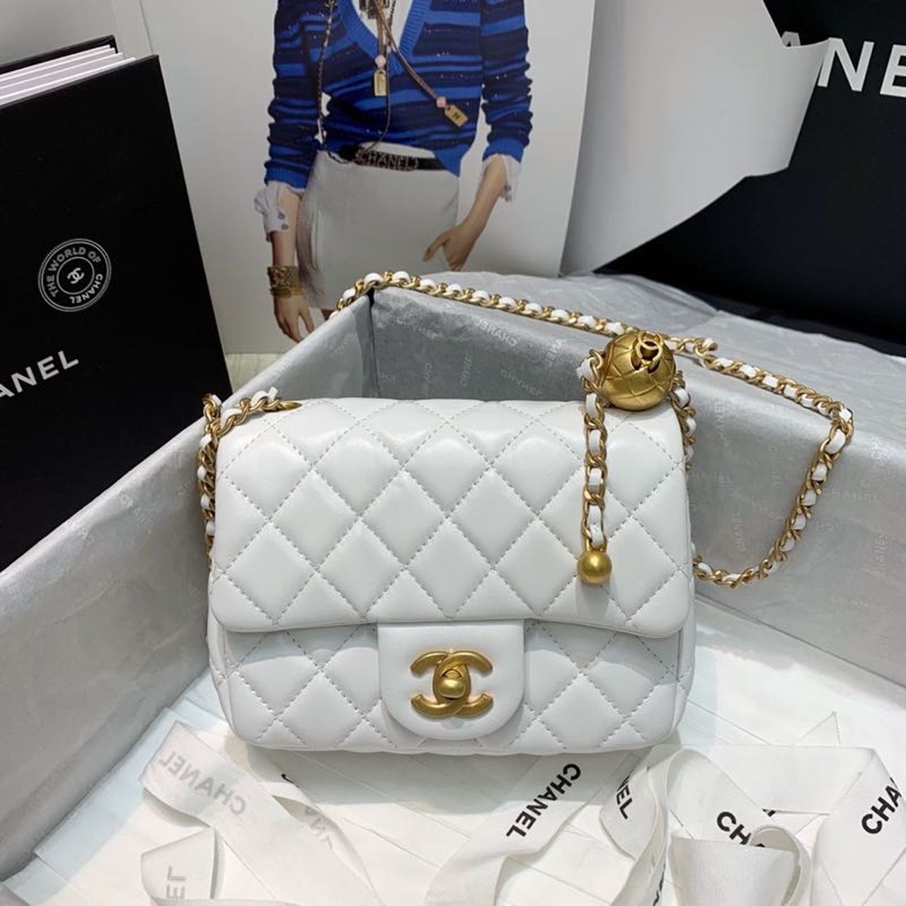 Chanel Mini Flap Bag With Chanel Ball On Strap White For Women, Women’s Handbags, Shoulder And Crossbody Bags 6.7in/17cm AS1786