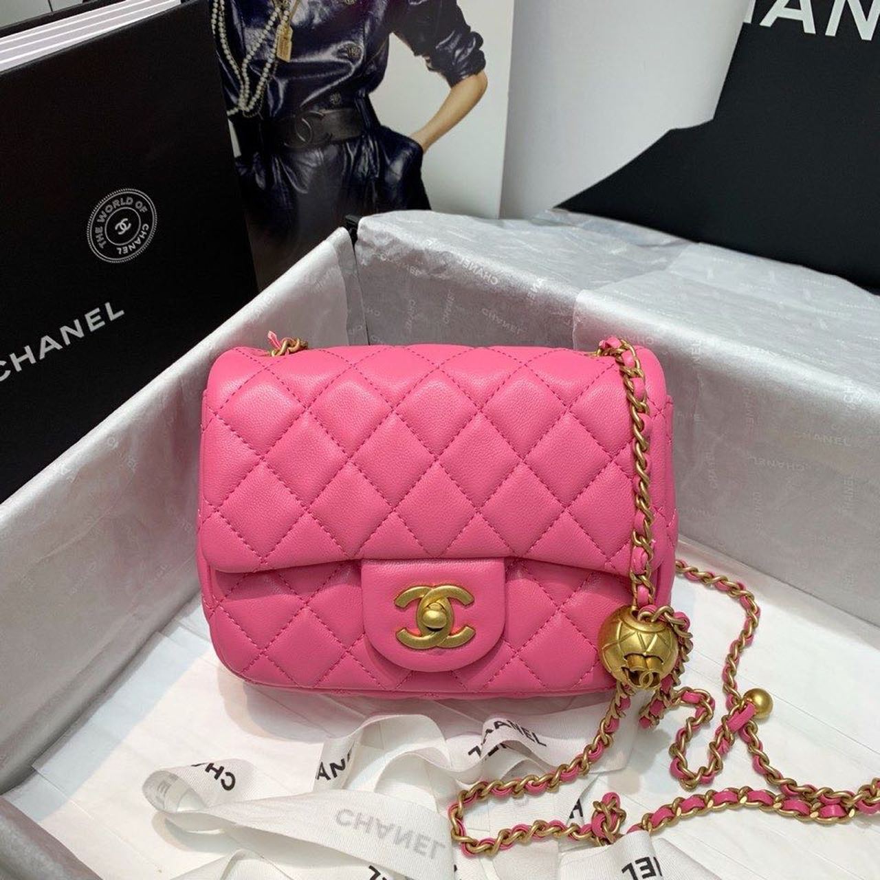 Chanel Mini Flap Bag With Chanel Ball On Strap Pink For Women, Women’s Handbags, Shoulder And Crossbody Bags 6.7in/17cm AS1786