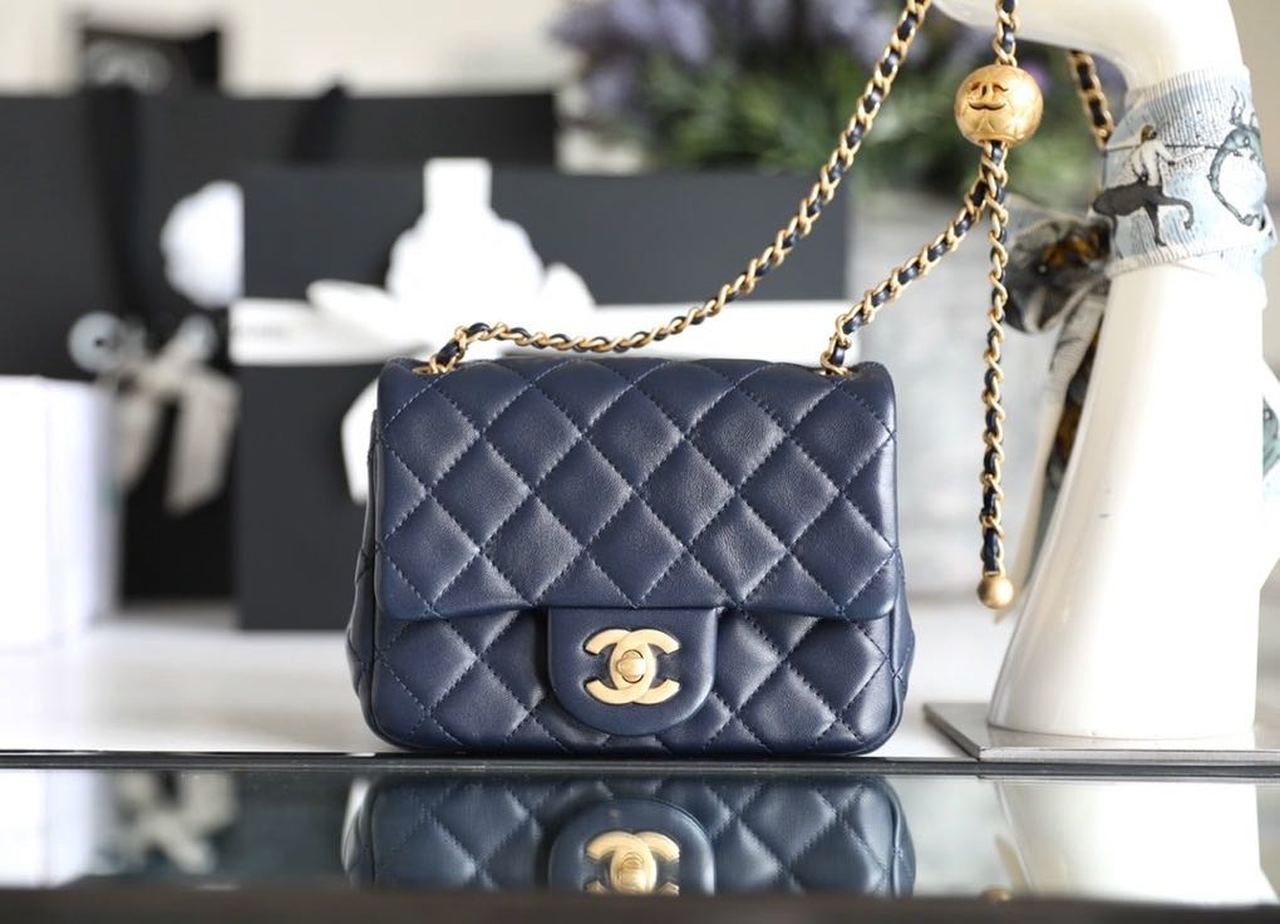 Chanel Mini Flap Bag With Chanel Ball On Strap Navy Blue For Women, Women’s Handbags, Shoulder And Crossbody Bags 6.7in/17cm AS1786