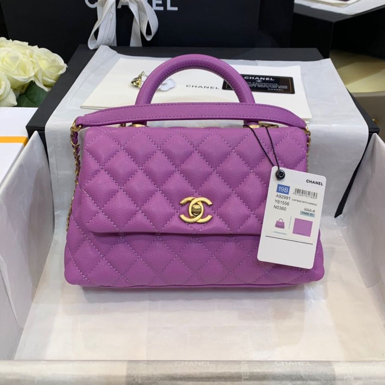 Chanel Medium Flap Bag With Top Handle Purple For Women, Women’s Handbags, Shoulder And Crossbody Bags 9in/23cm A92990