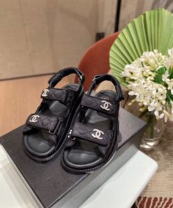 Chanel Satin Velcro Beach Sandals Calfskin Leather Spring/Summer 2020 Act 1 Collection, Black