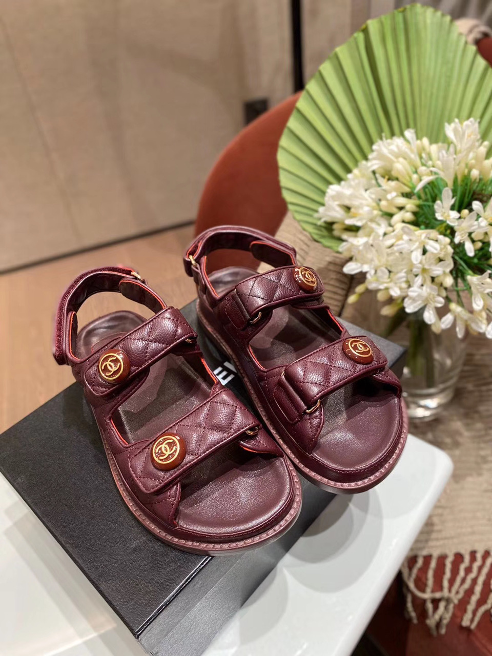 Chanel Velcro Beach Sandals Calfskin Leather Spring/Summer 2020 Act 1 Collection, Burgundy