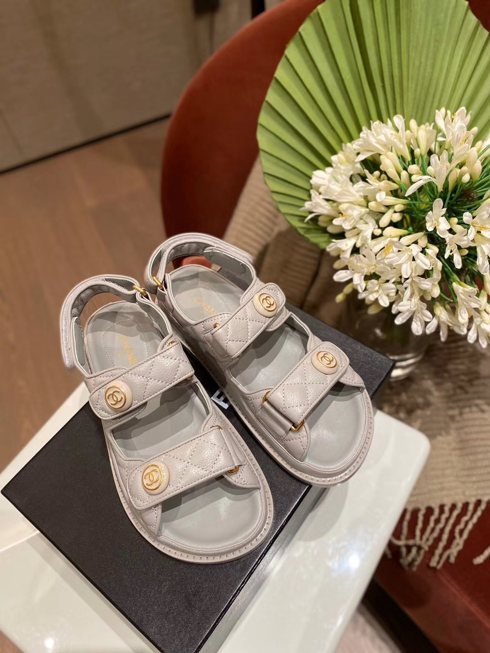 Chanel Velcro Beach Sandals Calfskin Leather Spring/Summer 2020 Act 1 Collection, Grey