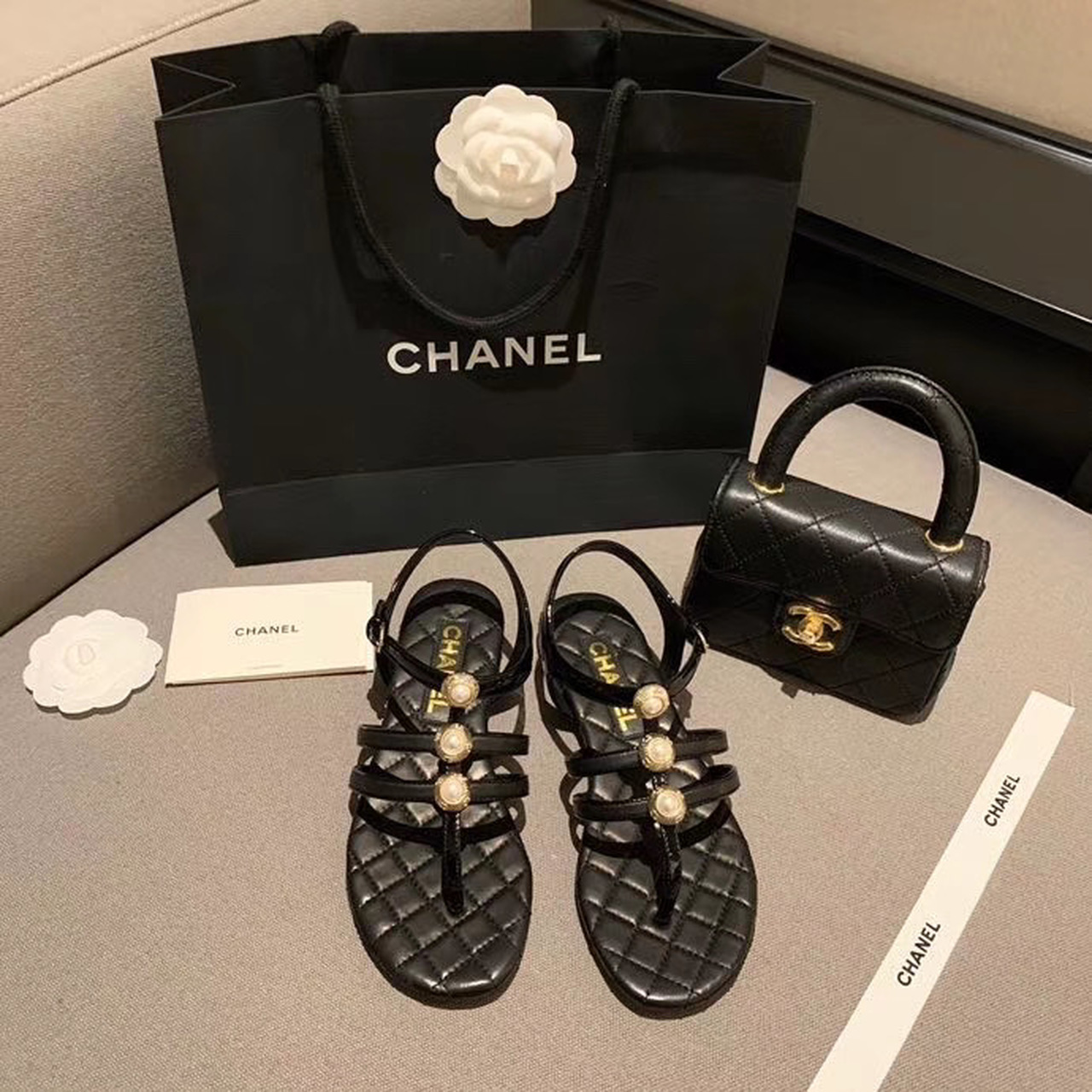 Chanel Strappy Thong Pearl Embellished Sandals Calfskin Leather Spring/Summer 2020 Act 1 Collection, Black