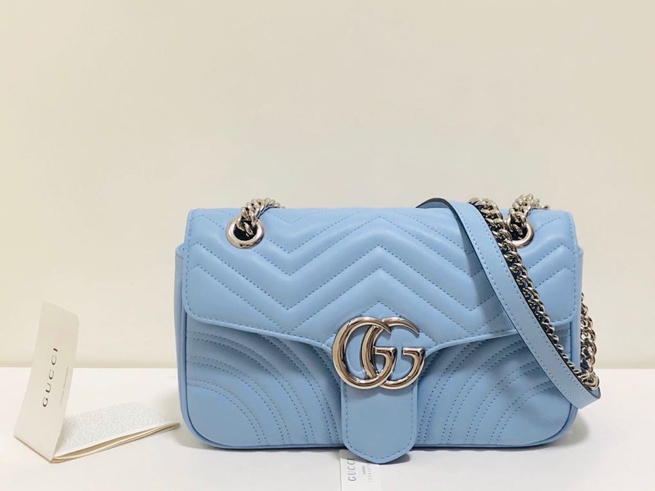 Gucci Marmont Small Matelassé Shoulder Bag Sky Blue Matelassé Chevron For Women 10in/26cm GG