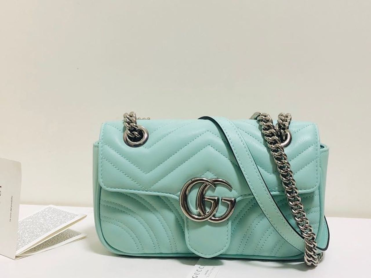 Gucci Marmont Matelassé Mini Bag Mint Green Matelassé Chevron For Women 8.5in/22cm GG