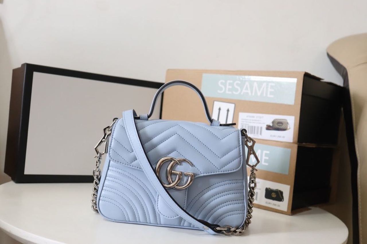 Gucci Marmont Mini Top Handle Bag Sky Blue For Women 8.3in/21cm GG