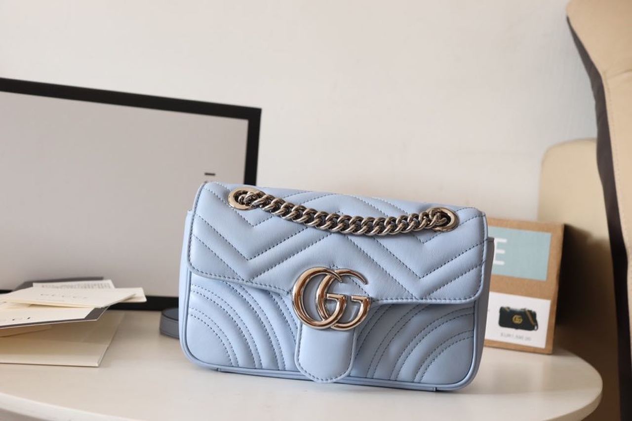 Gucci Marmont Matelassé Mini Bag Sky Blue For Women 8.5in/22cm GG