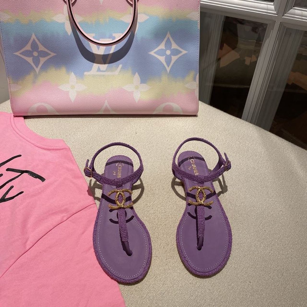 Chanel Pearl Embroidered Chanel Logo Thong Sandals Calfskin Leather Spring/Summer 2020 Act 1 Collection, Purple