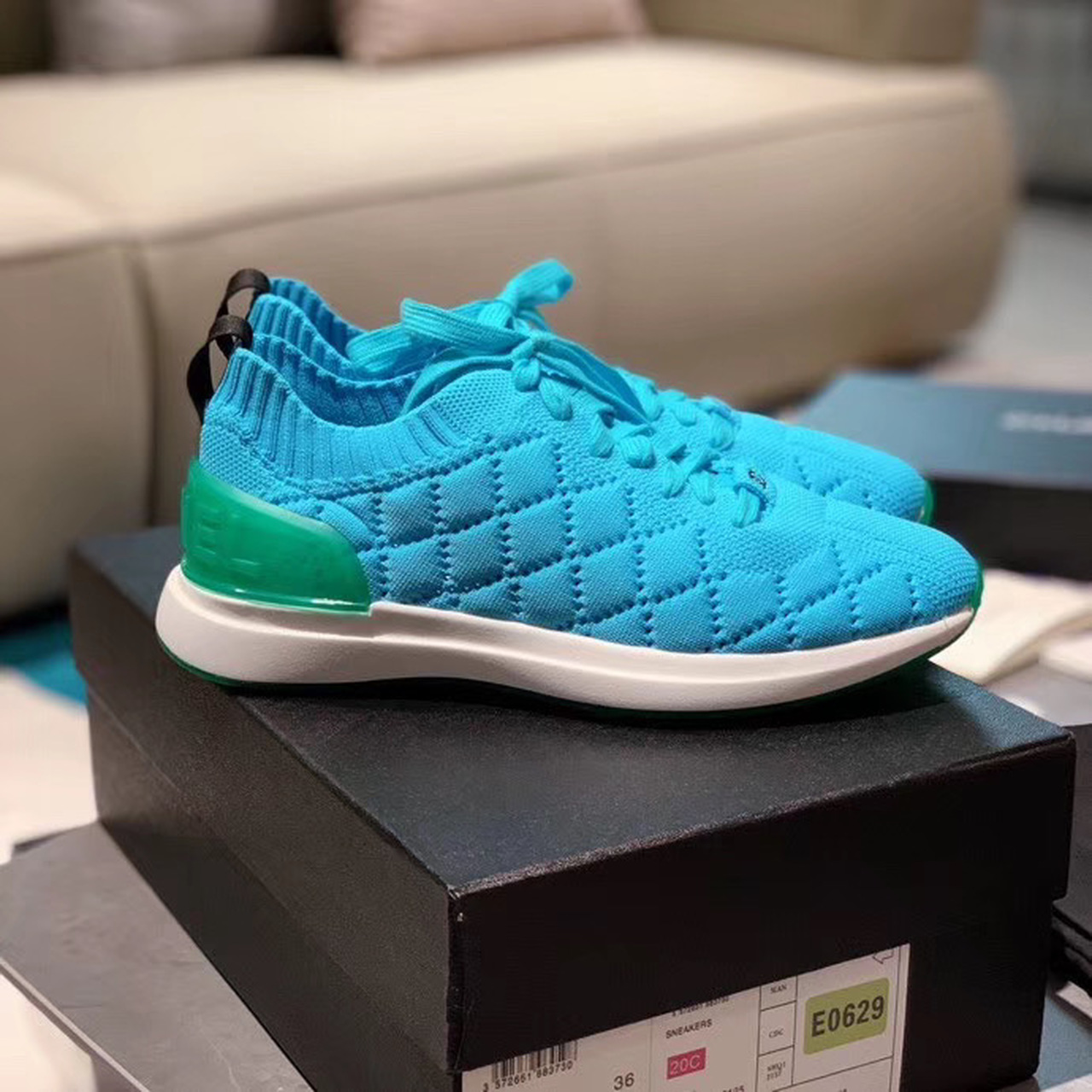 Chanel Sock Knit Sneakers Calfskin Leather Spring/Summer 2020 Act 2 Collection, Turquoise/White