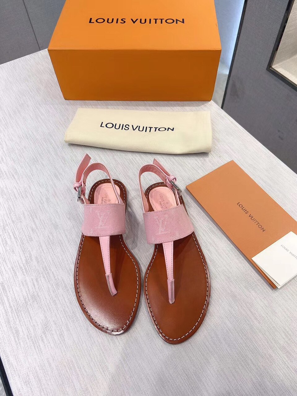 Louis Vuitton Starboard Flat Thong Sandal Monogram Denim Pink For Women LV