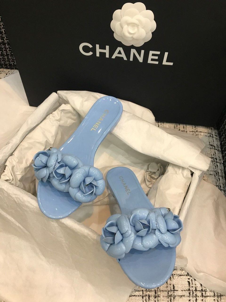 Chanel Camelia Flower PVC Jelly Sandals Light Blue For Women, Women’s Shoes