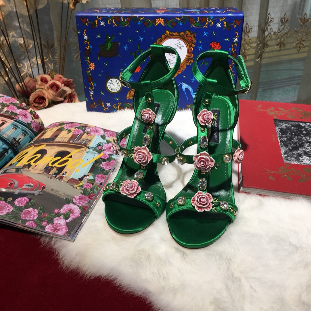 Dolce & Gabbana Satin And Patent Sandals With Bejeweled Detail Green For Women DG Shoes