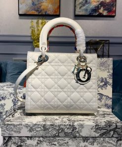 Christian Dior Medium Lady Dior Bag Gold Toned Hardware Patent White For Women 24cm/9in CD