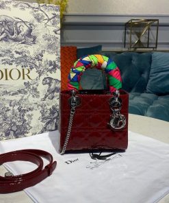 Christian Dior Mini Lady Dior Bag with Chain Silver Hardware Spring/Summer Collection, Burgundy, For Women Women’s Handbags, 18cm CD M0505OCAL