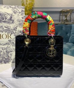 Christian Dior Medium Patent Lady Dior Bag Black For Women 24cm/9in